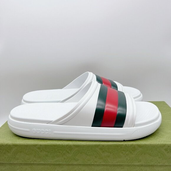 Gucci Men’s Web ACE RUBBER Slide Sandals Pool White UK 13 US 13.5 NEW AUTHENTIC - Picture 5 of 12